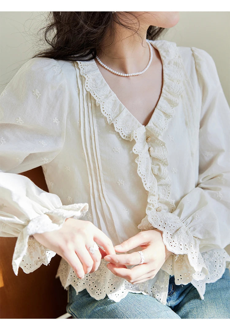 MISHOW V-Neck Long Sleeve Blouse Solid Loose Fold Detail MXE14X1732