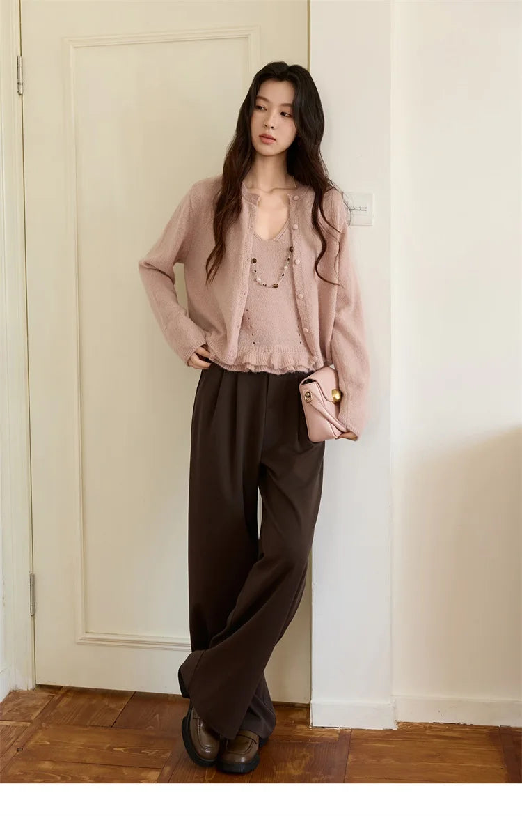 Mishow Pink Crew Neck Cardigan & Suspenders Set MXE48T1404