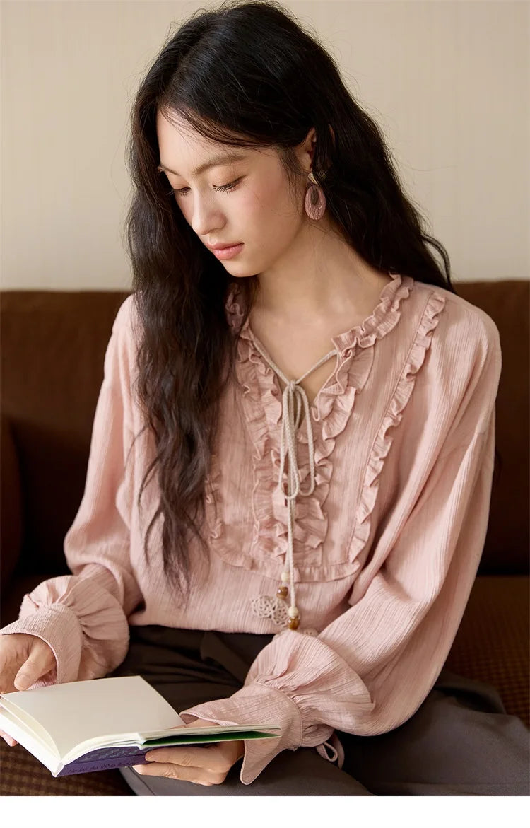 MISHOW Pink Blouse V-Neck Bubble Sleeve Fold Edge MXE45X2485