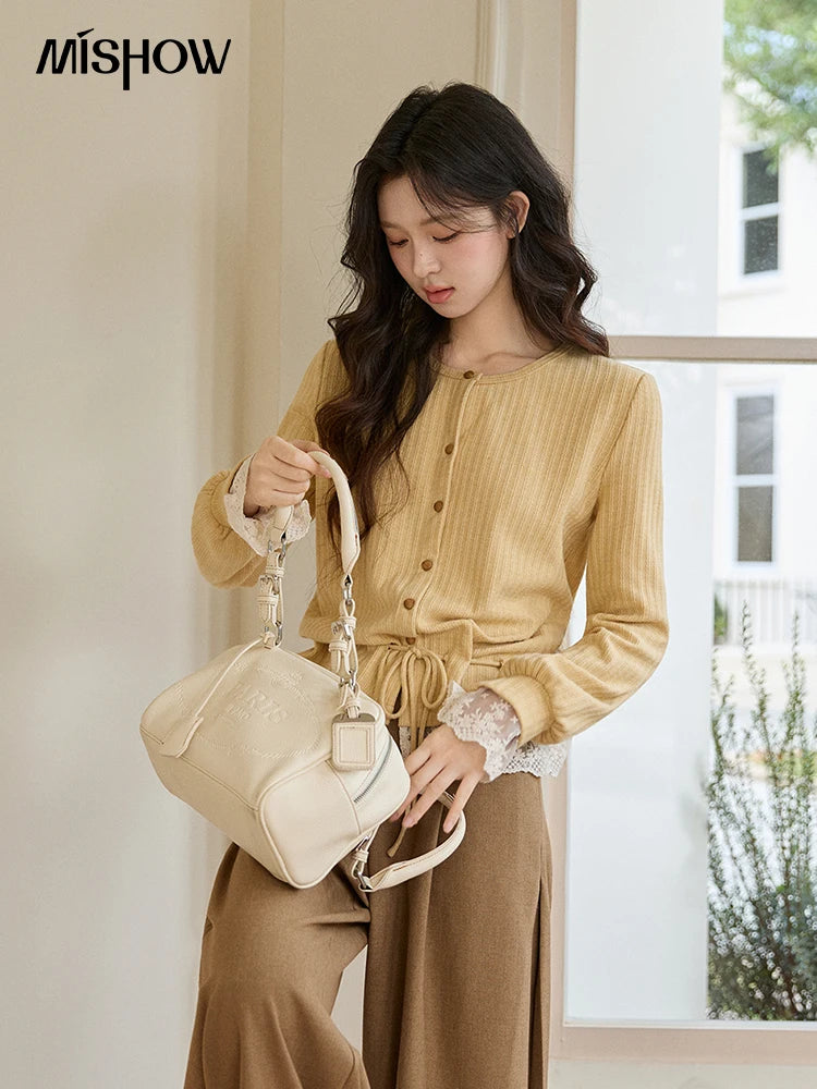 Mishow Yellow Ribbed Lace Trim Drawstring Cardigan MXF11Z2919