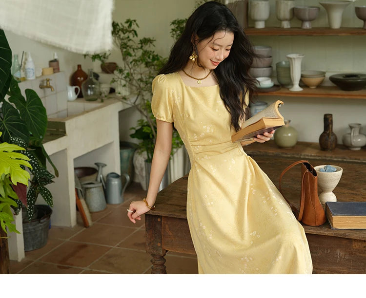 Mishow Square Neck Puff Sleeve Bamboo Jacquard Dress MXE39L2415