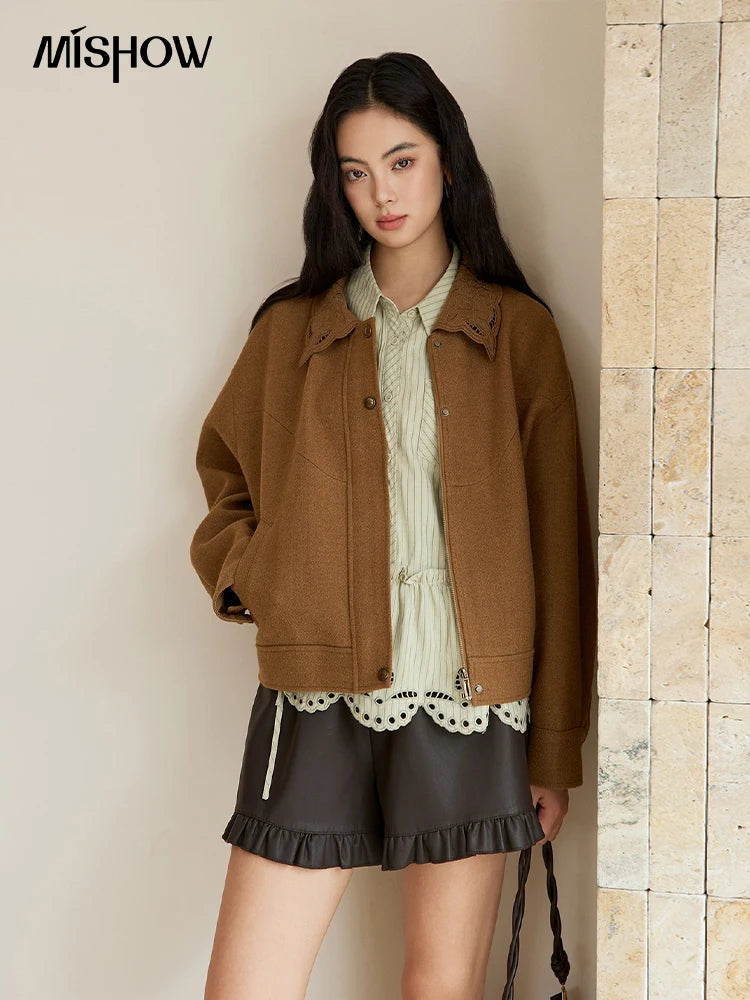 Mishow Brown Hollow Out Embroidery Woolen Coat MXE49W0856