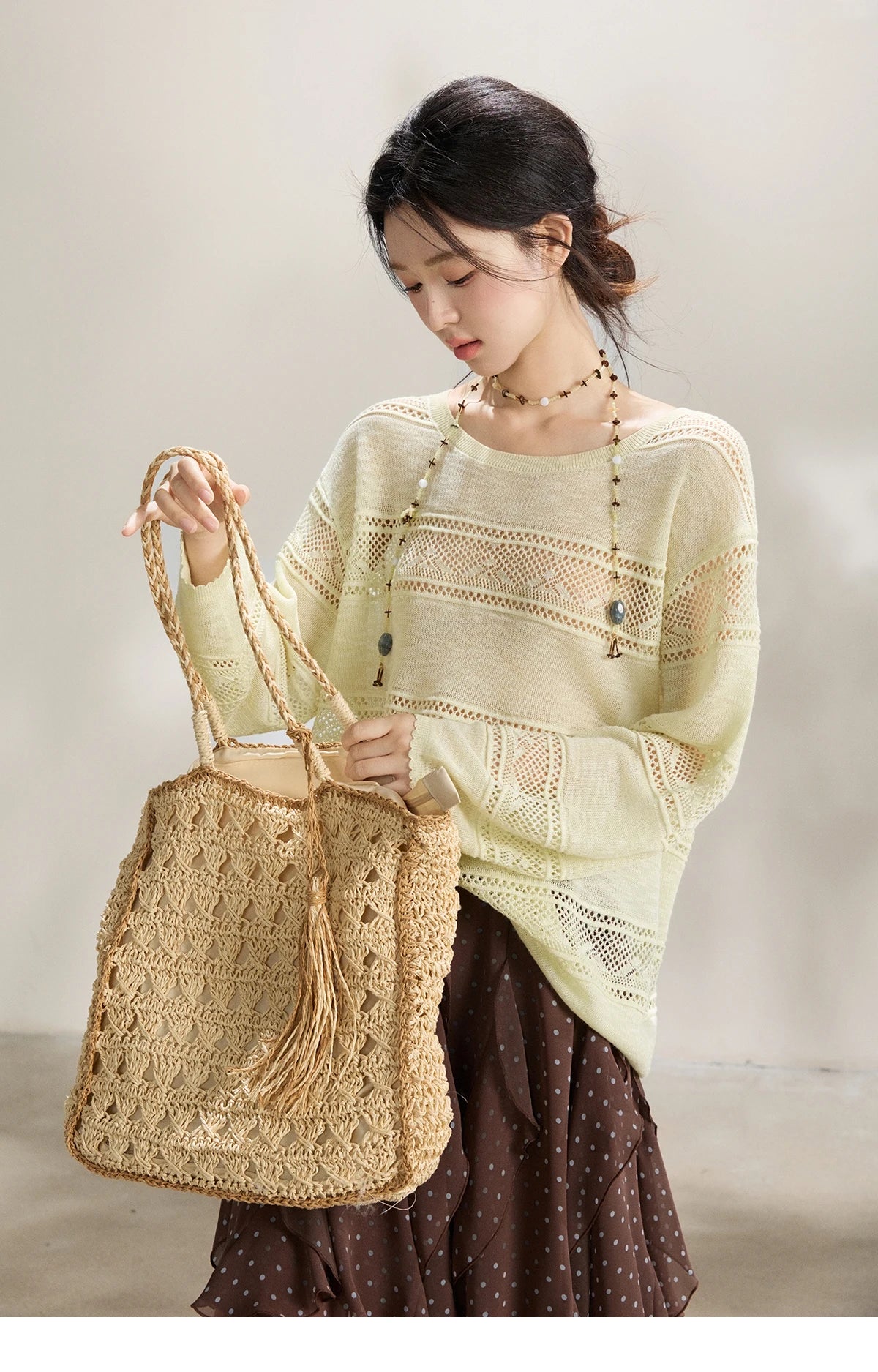 Mishow Pale Yellow Crew Neck Hollow Top MXF13Z3020