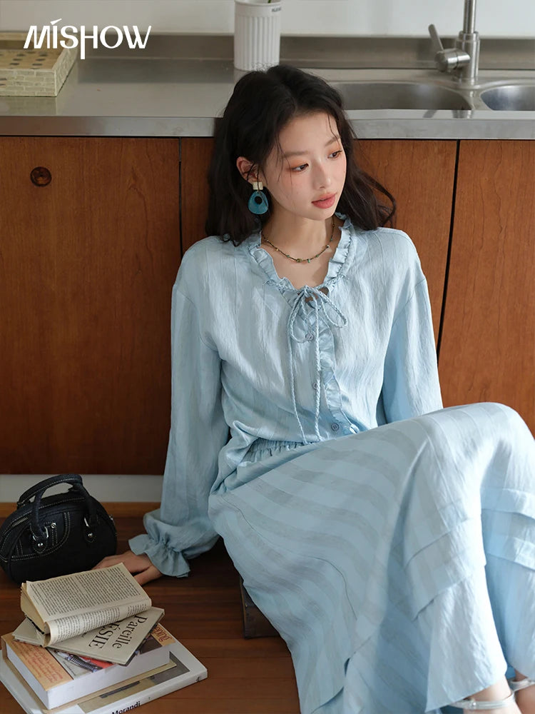 Mishow Light Blue Linen V-Neck Lace-Up Shirt & Elastic Skirt Set MXE41T0700