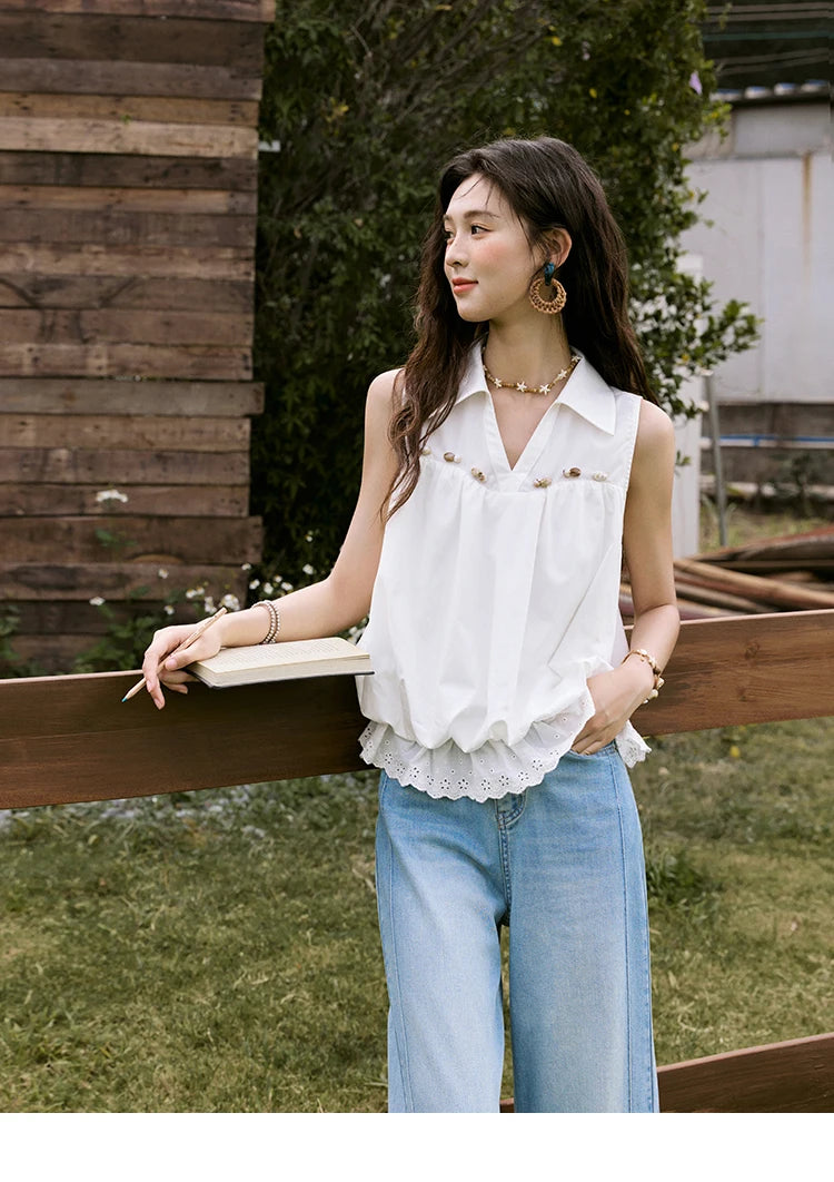MISHOW Sleeveless Blouse Turn-Down Collar Hollow Lace MXE31X1760