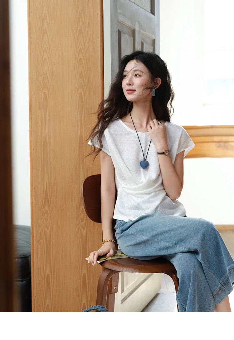 MISHOW Round Neck Knitted T-Shirt Irregular Design Button MXE39T0709