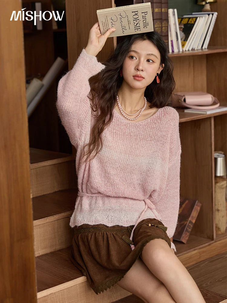 Mishow Pink Gradient Ribbed Cuff Sweater with Rope MXE43Z1334