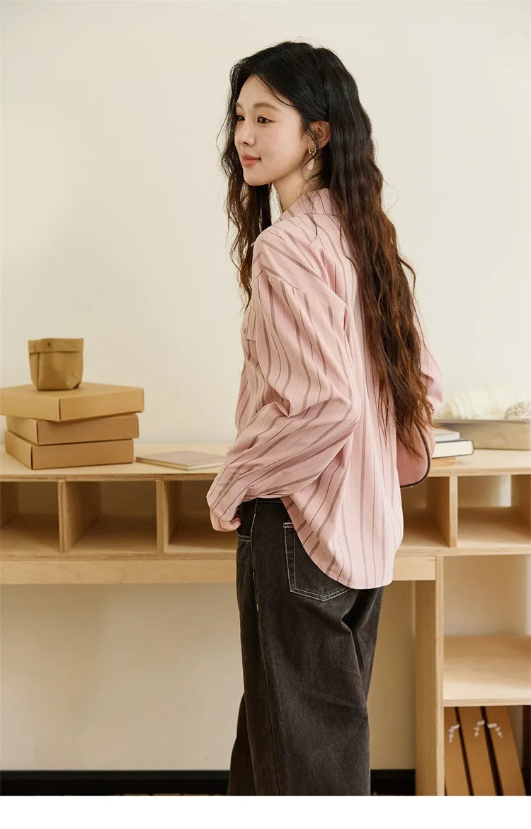 MISHOW Peach Skin Velvet Stripe Shirt Double Layered Collar MXE47C2408