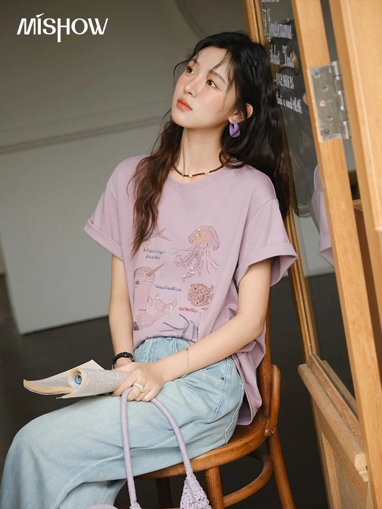 Mishow Cartoon Print Loose Cotton Tee MXE36T0575