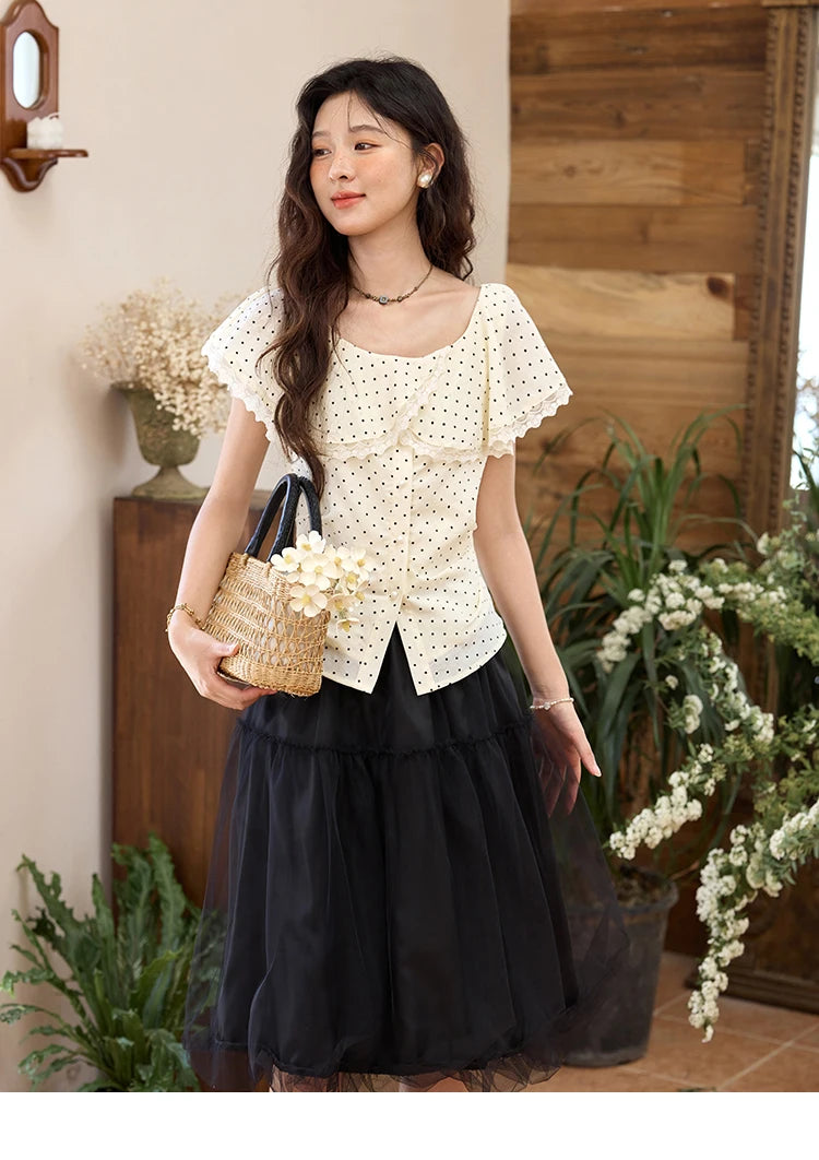 MISHOW Apricot Polka Dot Shirt Ruffle Edge Patchwork Lace MXE34X1783