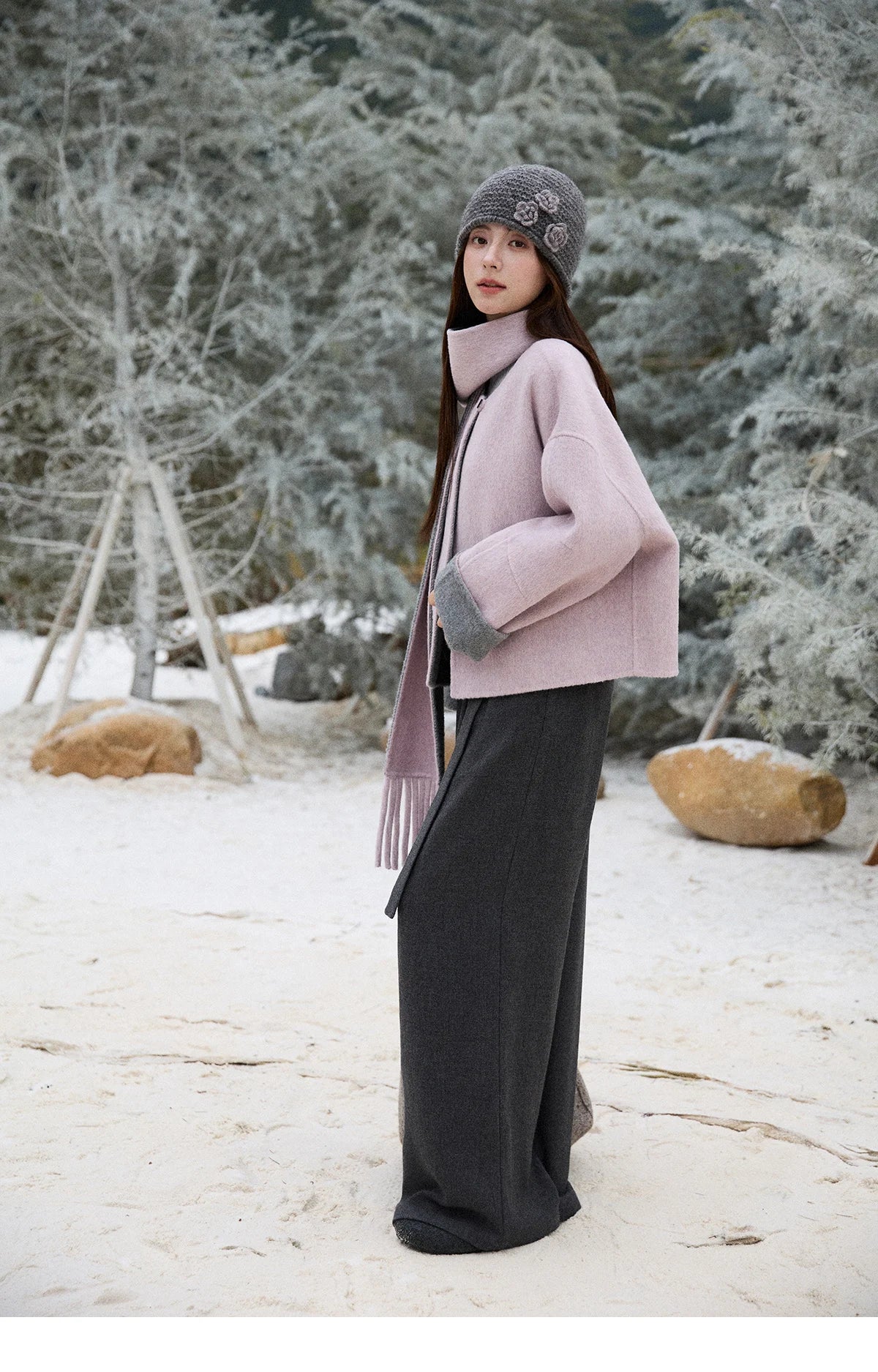 Mishow Tweed Wool Double-Faced Short Coat with Scarf MXE86W0977