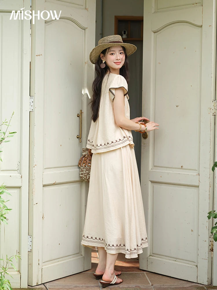 Mishow Embroidery Flying Sleeve Top & Elastic Waist Skirt Set MXE39T0667