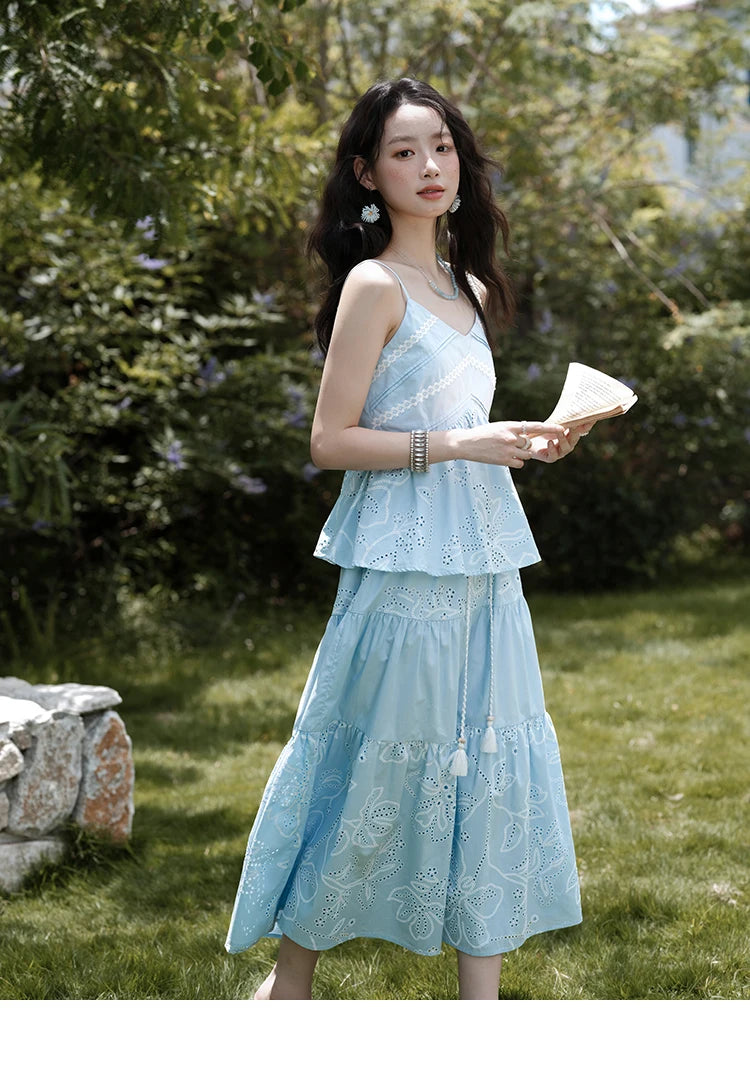 Mishow Strap V-Neck Embroidery Top & Drawstring Skirt Set MXE34T0624