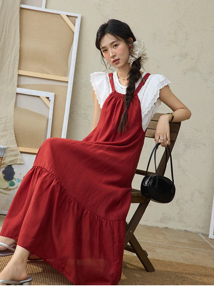 Mishow Red Linen Hanging Neck Strap Midi Dress MXE36L2309