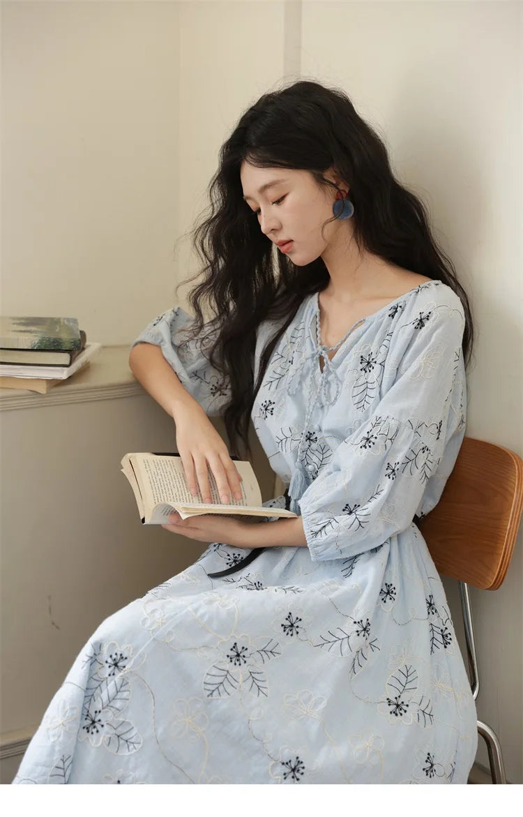 MISHOW Blue Flower Embroidered Lantern Sleeve Dress MXE42L2493