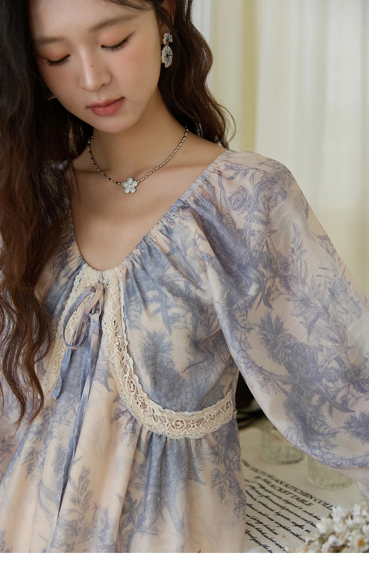 Mishow Blue Floral Lace Panel Drawstring Dress MXE45L2507