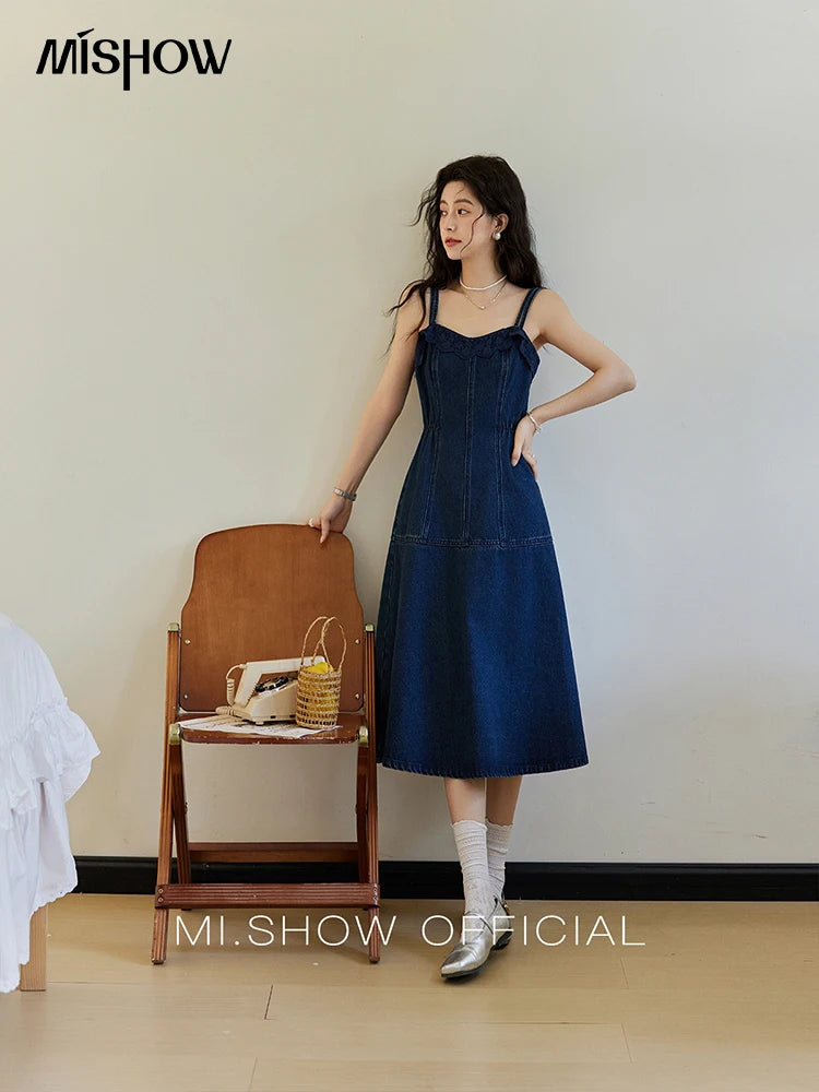 Mishow Denim Camisole Hollowed Out Lace Edge Dress MXE13L2094