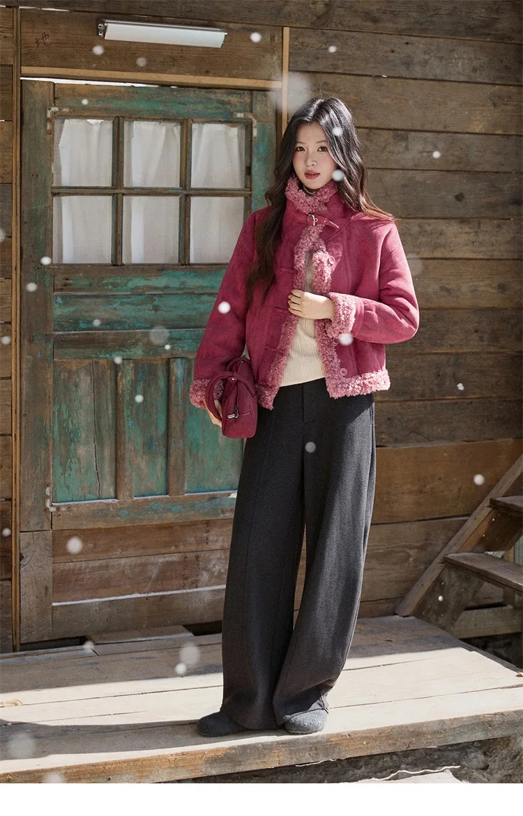 Mishow Dragon Fruit Red Suede Patchwork Coat MXE87W0942