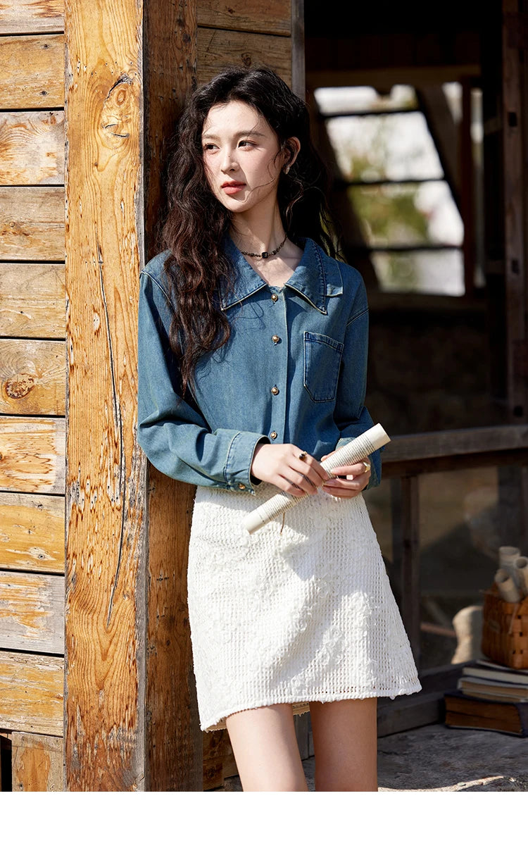 MISHOW Washed Denim Shirt Double Layered Patchwork Collar Metal Buckle MXE12C0751