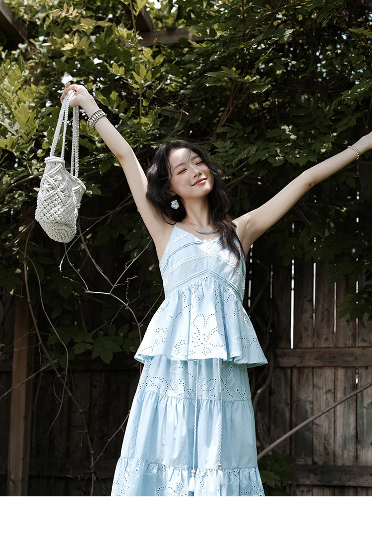 Mishow Strap V-Neck Embroidery Top & Drawstring Skirt Set MXE34T0624