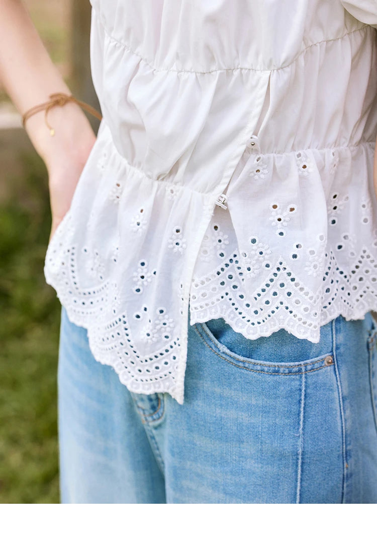 MISHOW Solid Short Puff Sleeve Blouse Hem Hollow Beading MXE33X1776