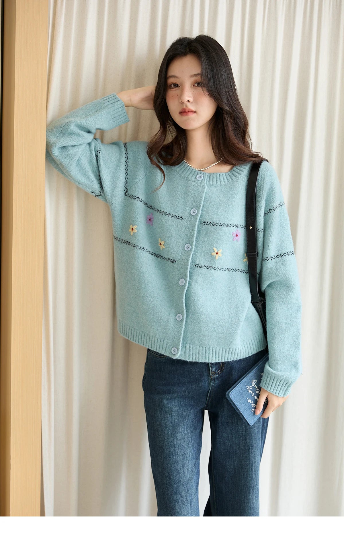 Mishow Blue Flower Embroidered Loose Cardigan MXE46Z2581