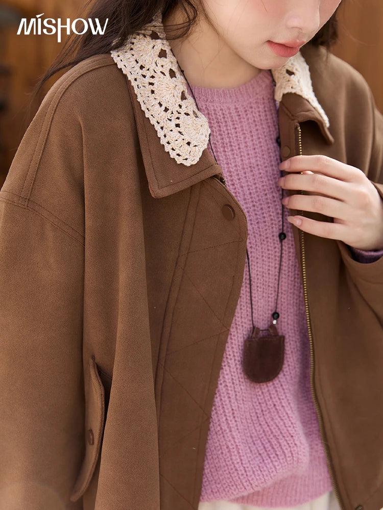 MISHOW Brown Jacket Detachable Lace Collar Drawstring Hem MXE45W0846