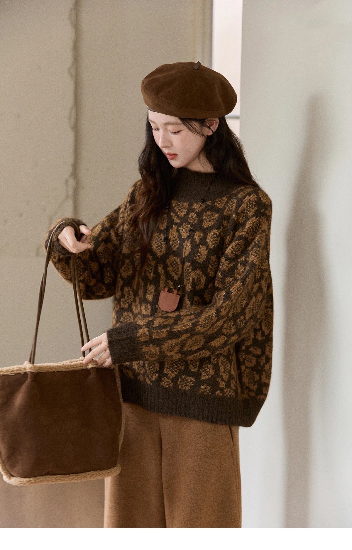 Mishow Color Block Leopard Jacquard Half Turtleneck Sweater MXE91Z2839