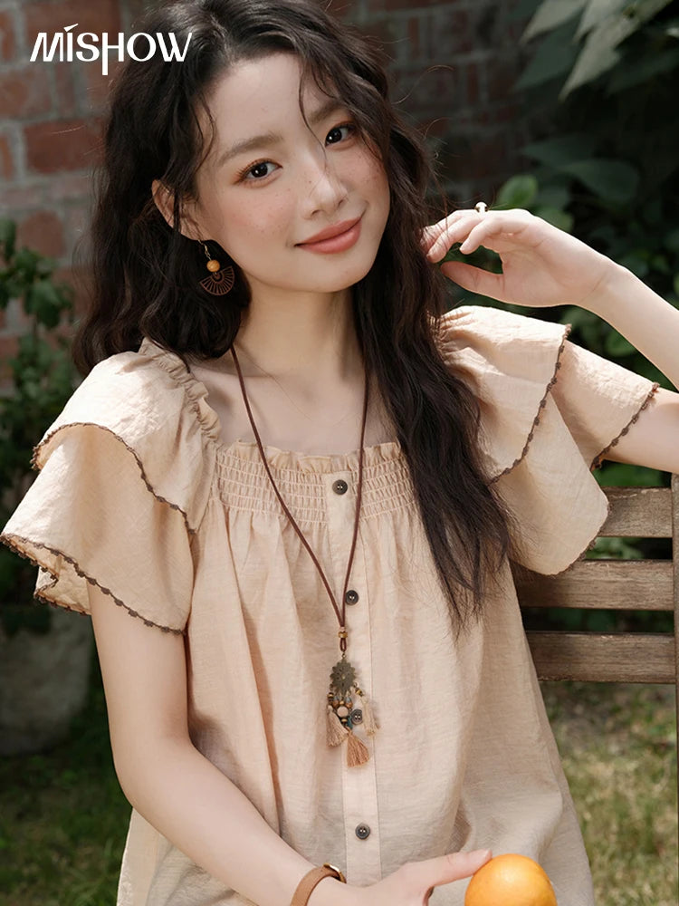 MISHOW Butterfly Sleeve Blouse Square Neck Button Loose MXE37X1854