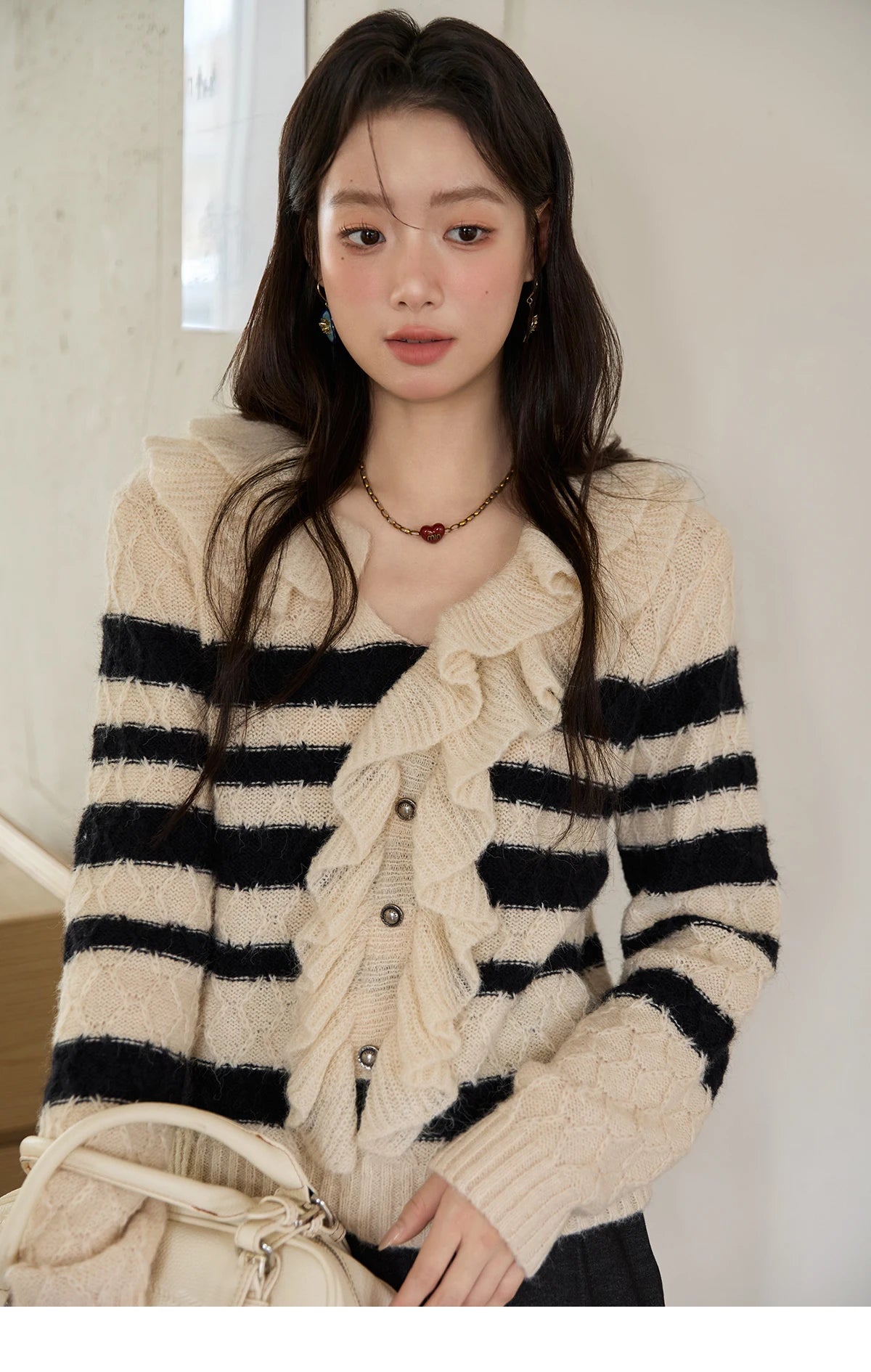 Mishow Striped Asymmetrical Ruffled Cardigan MXE51Z2633