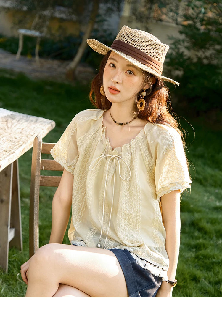 MISHOW Embroidered Jacquard Blouse O-Neck Lace Up MXE37X1861