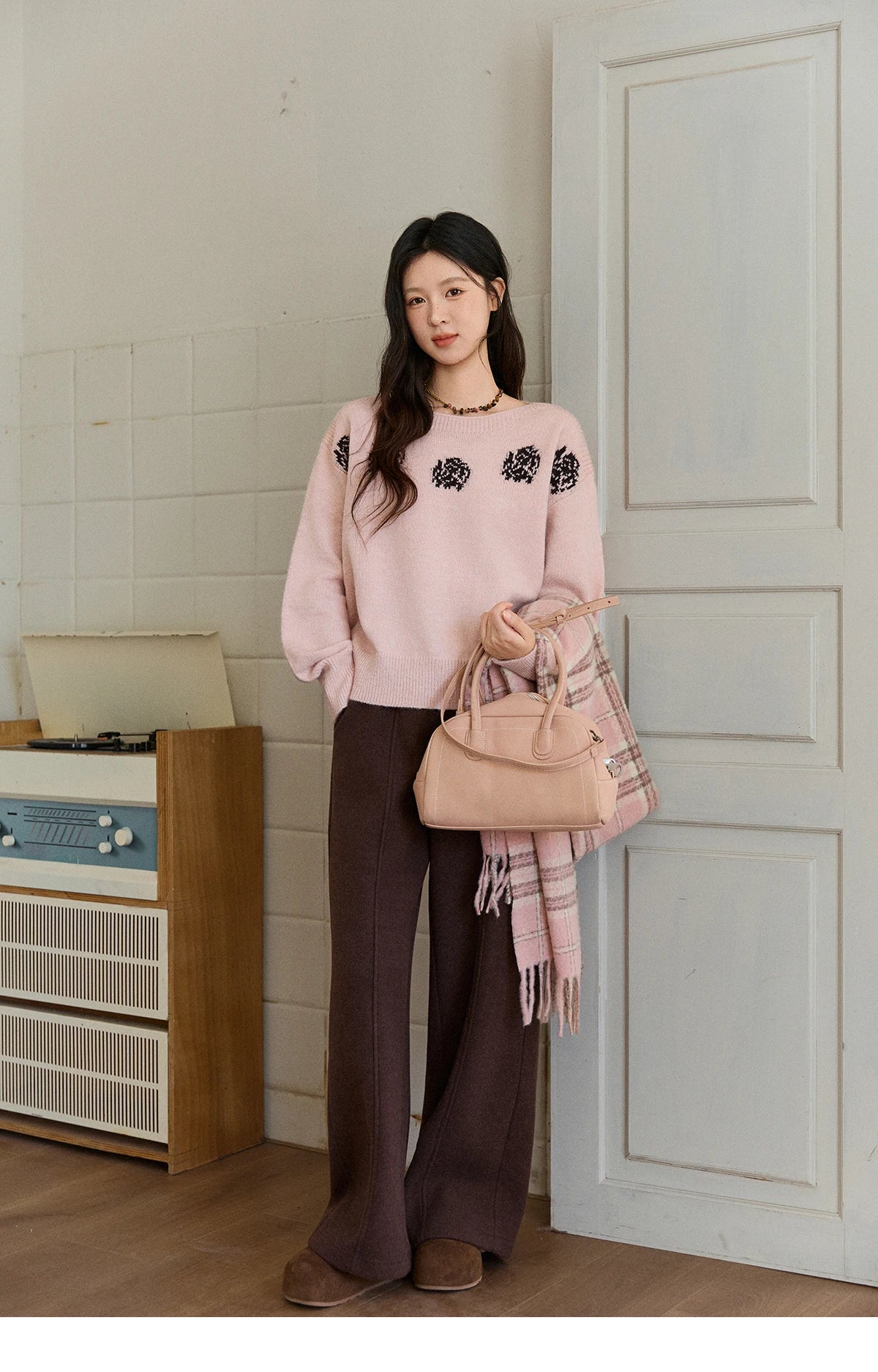 Mishow Pink Jacquard Lantern Sleeve Drop Shoulder Sweater MXE91Z2775