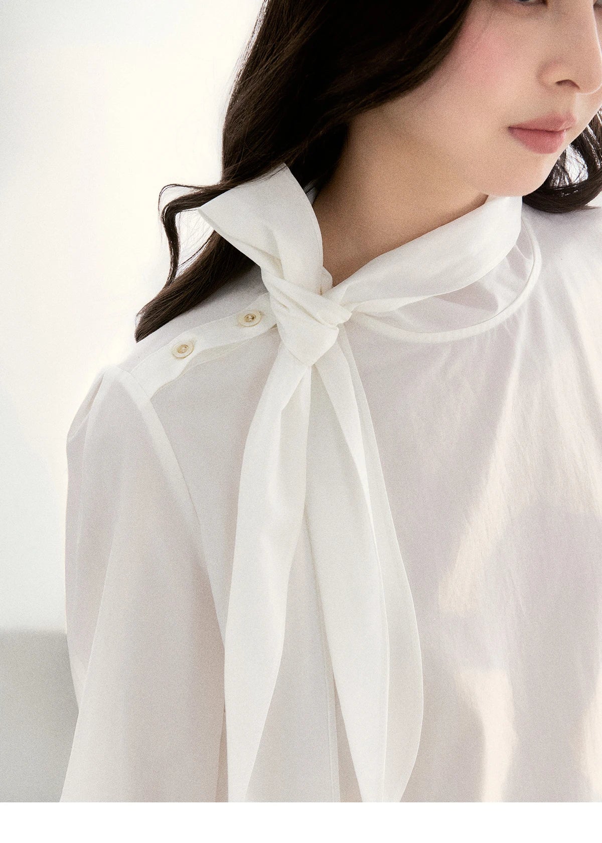 MISHOW White Blouse Bow Tie Neck Lantern Sleeve Lace Patchwork MXF108C0814