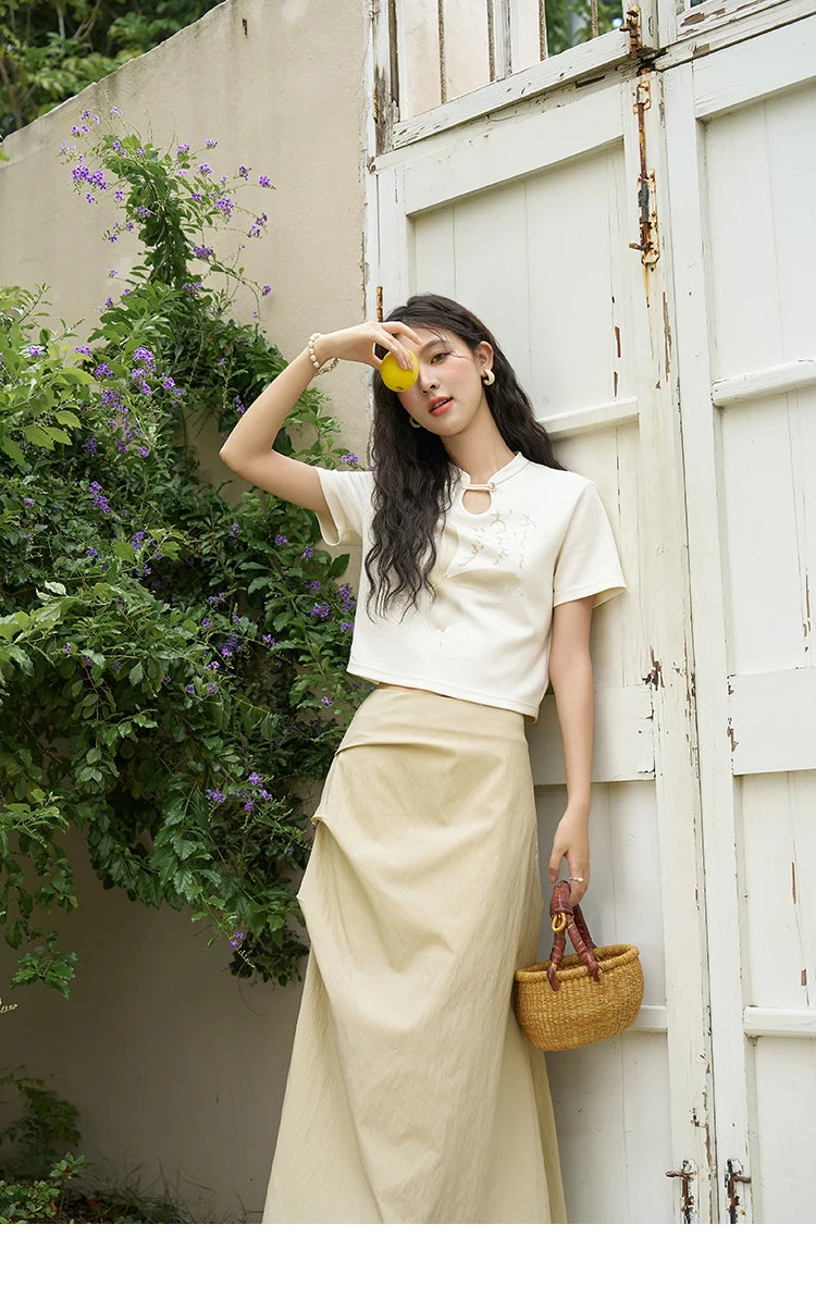 Mishow Chinese Stand Collar Ink Print Top & Pleated Skirt Set MXD27T0272