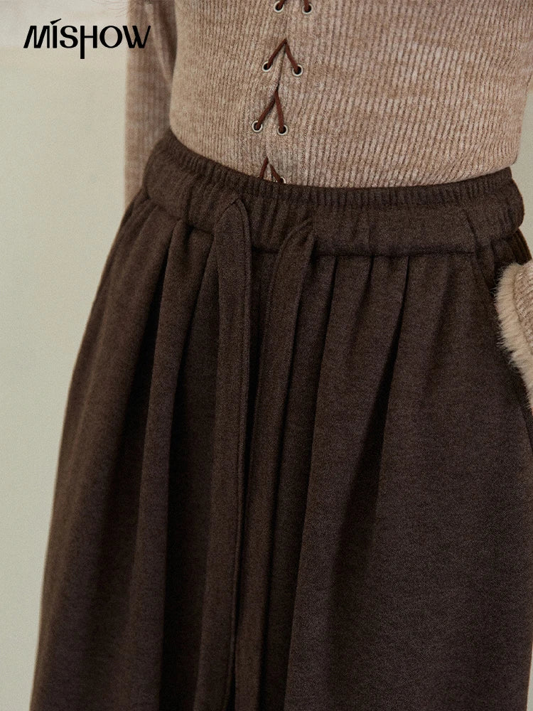 MISHOW Brown Wide-Leg Pants Thickened Drawstring Waistband MXE87K1126