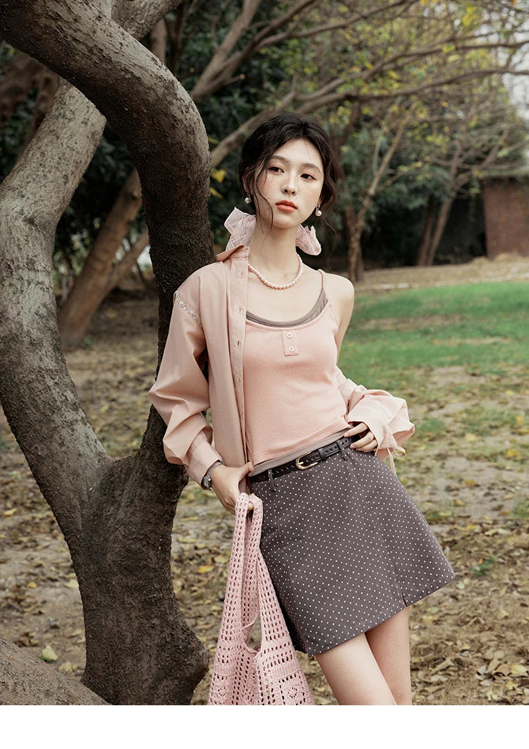 MISHOW Pink Long Sleeve Shirt Lace Bow Tie MXE16C0767