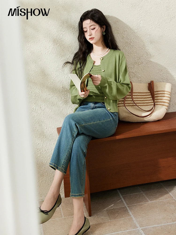 Mishow Avocado Green Metal Button Crochet Cardigan MXE11Z1188