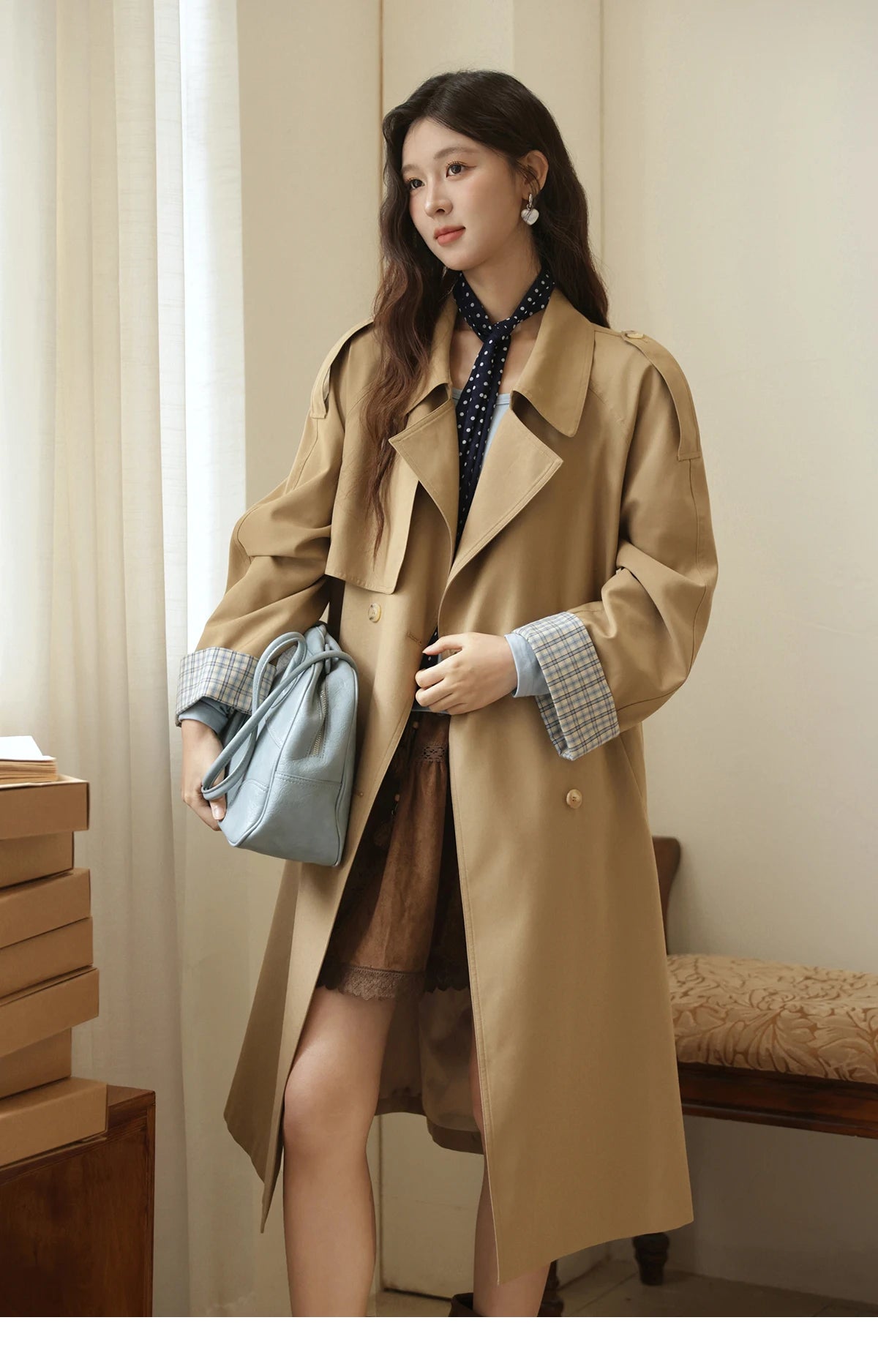 Mishow Khaki Retro Plaid Flip Sleeve Trench Coat MXE44W0814