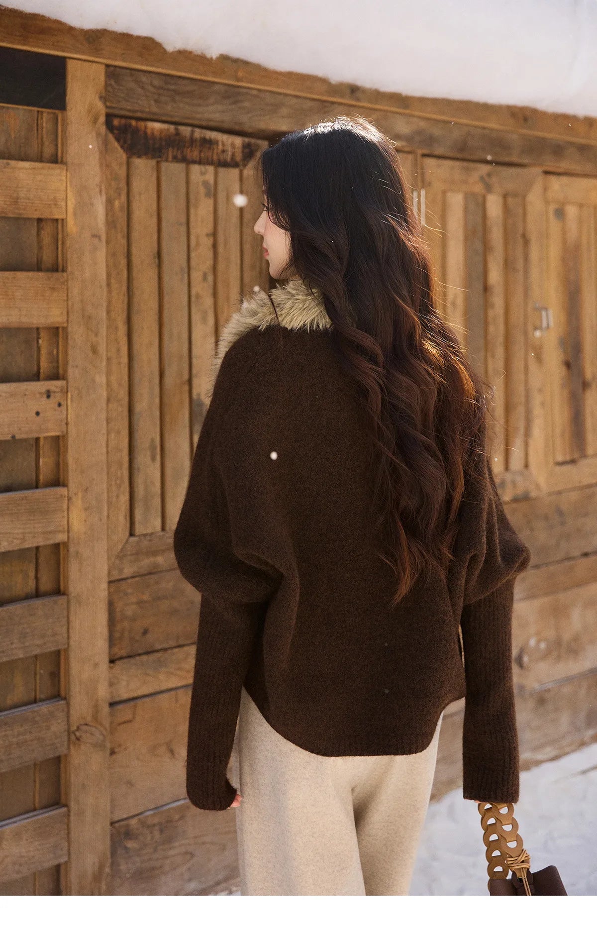 MISHOW Brown Knitted Cardigan Faux Fur Collar Batwing Sleeve MXE94Z2954