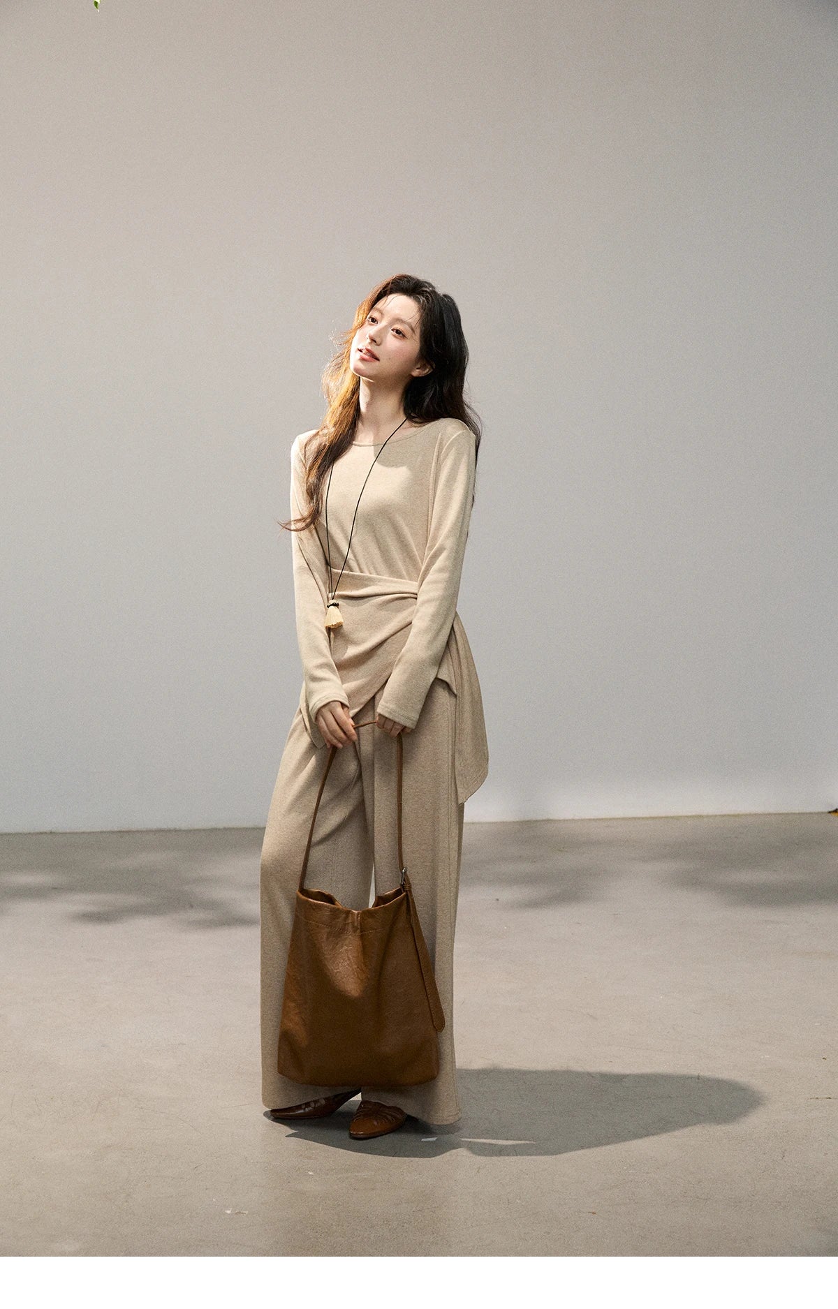 Mishow Khaki Asymmetrical Hem Top & Wide Leg Pants Set MXF11T1465