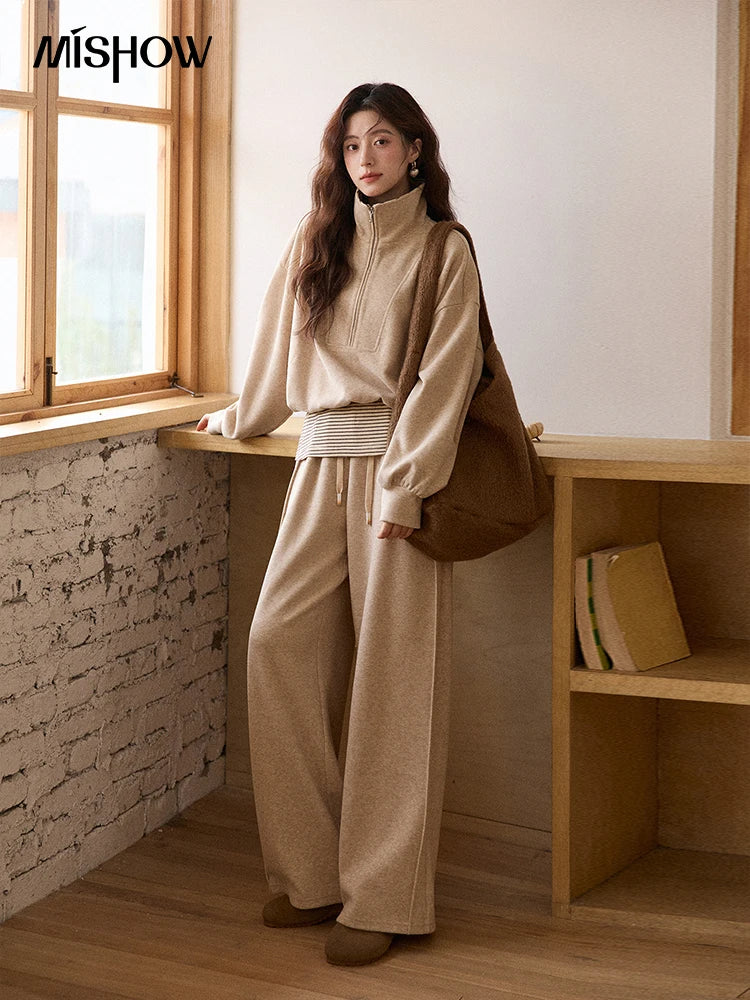 Mishow Retro Striped Lapel Half-Zip Sweatshirt & Wide Leg Pants Set MXE87T1425