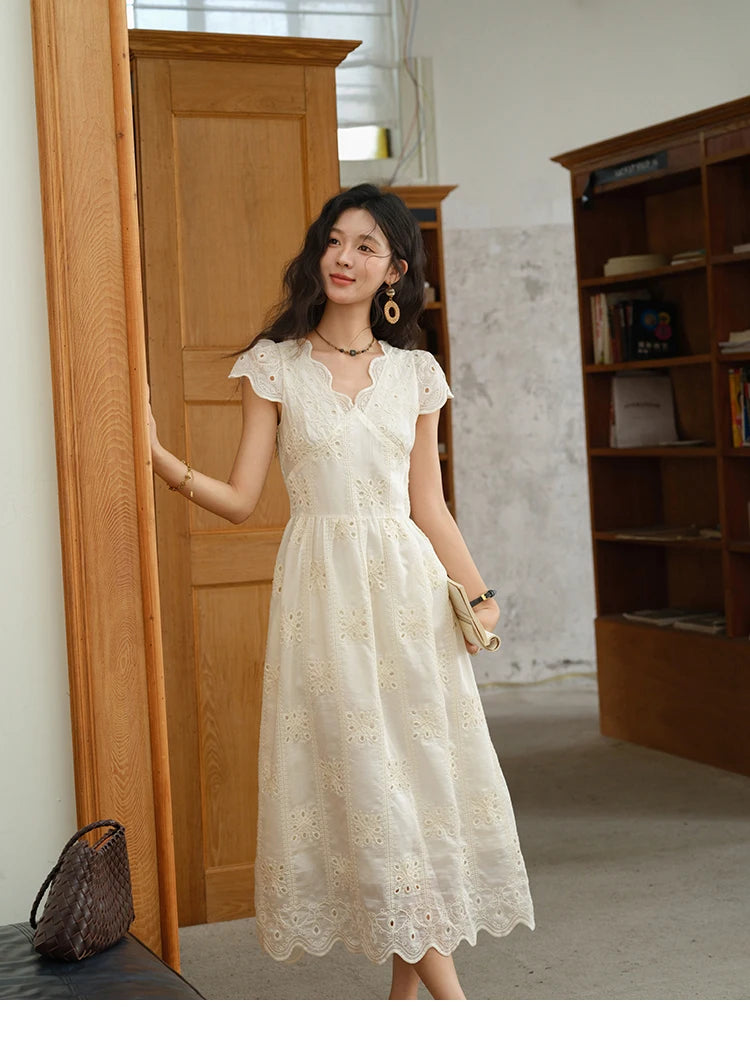 Mishow Flying Sleeve V-Neck Hollow Embroidered Dress MXE39L2404