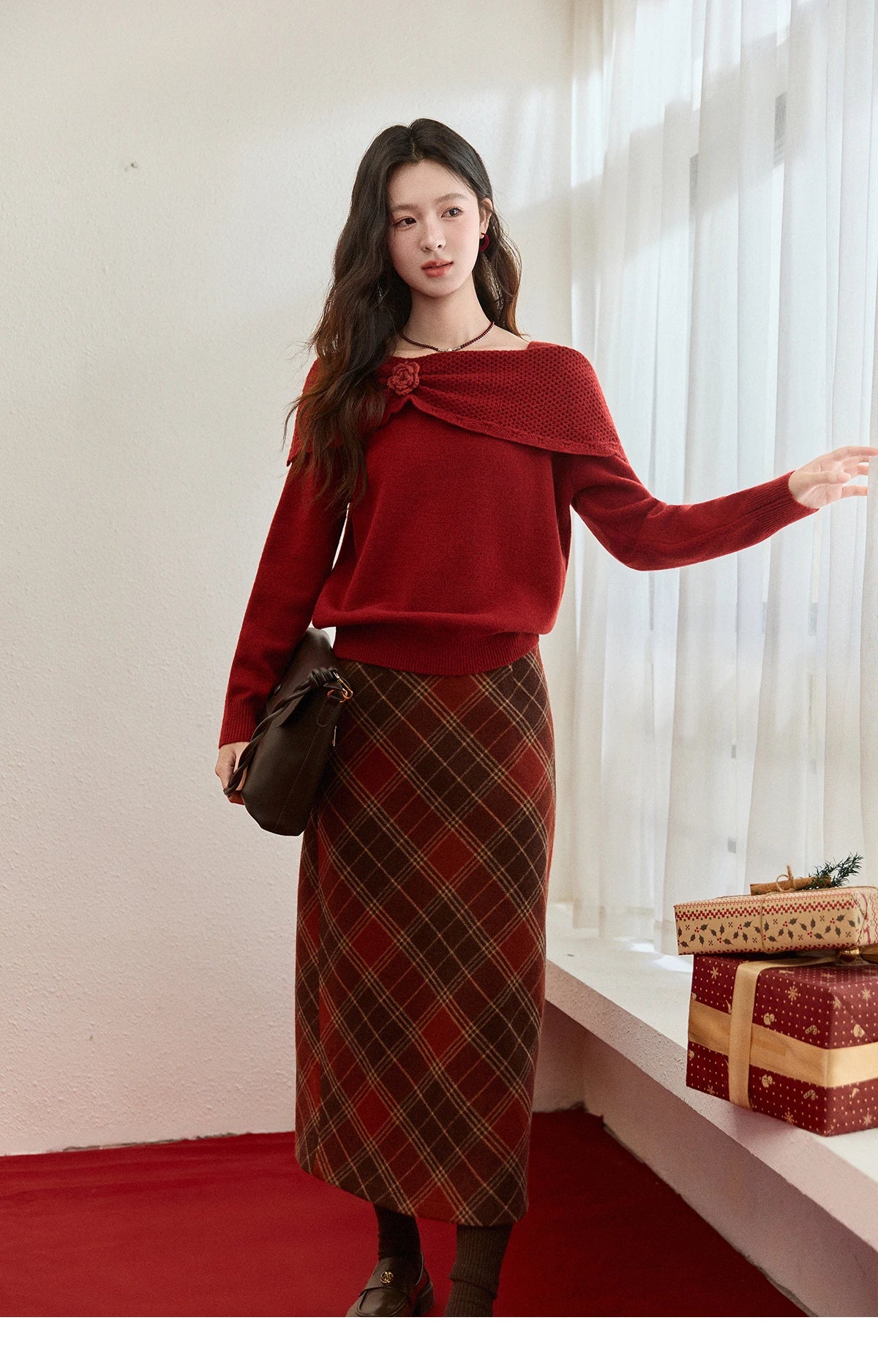 Mishow Christmas Red 3D Flower Alpaca Sweater MXE94Z2889