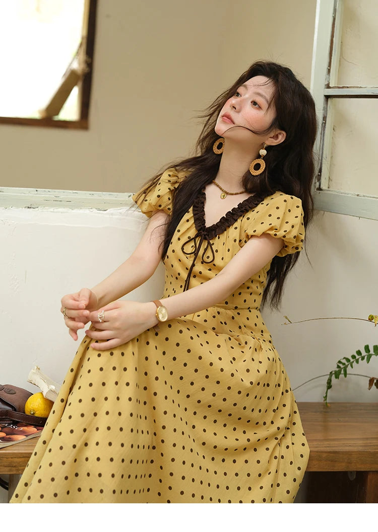 Mishow Polka Dot V-Neck Lace Up Puff Sleeve Dress MXE39L2326