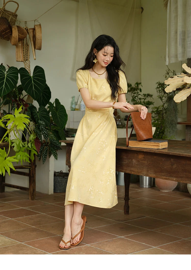 Mishow Square Neck Puff Sleeve Bamboo Jacquard Dress MXE39L2415