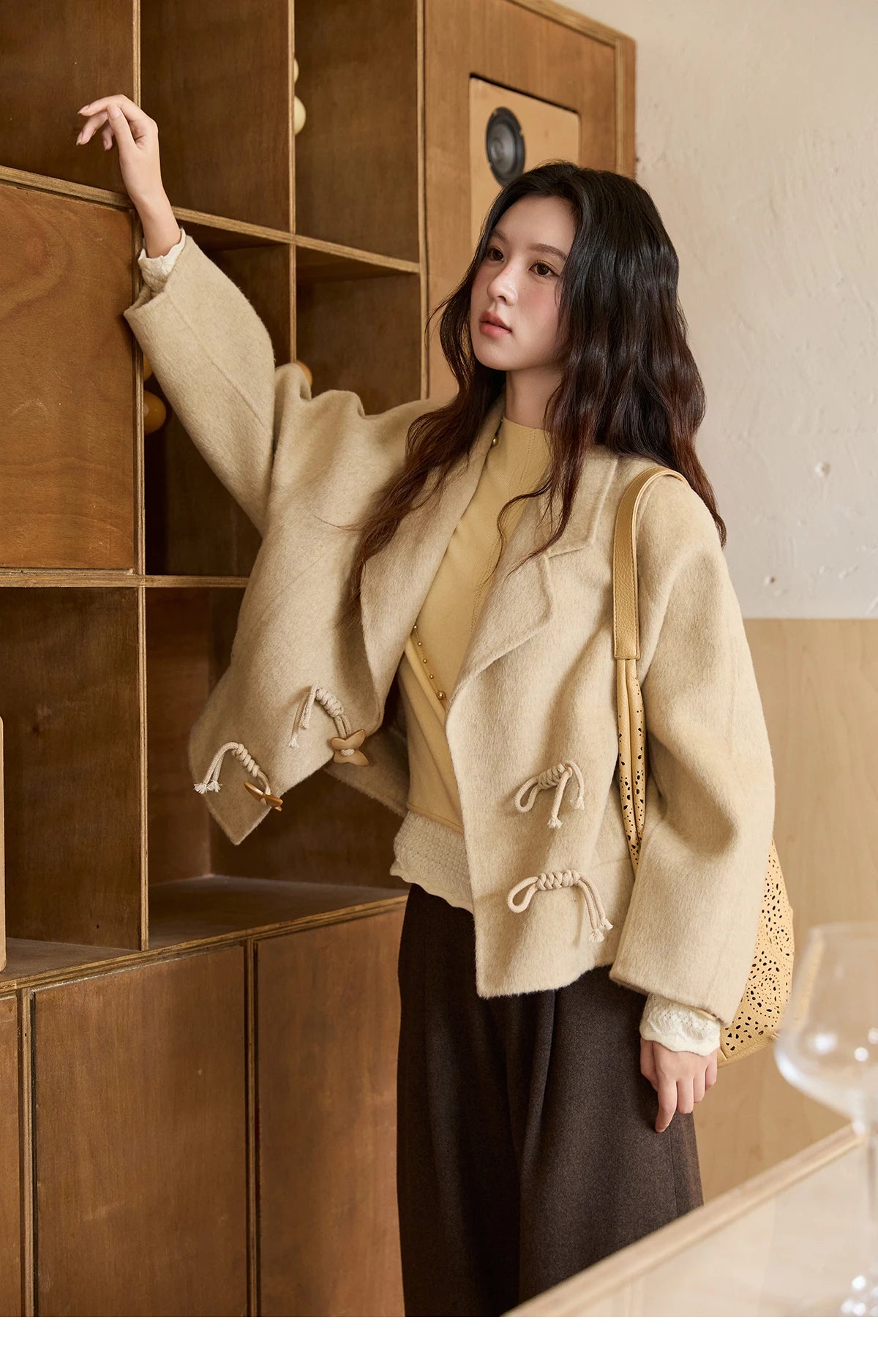 Mishow 100% Wool Retro Apricot Double-Faced Butterfly Button Coat MXE51W0887