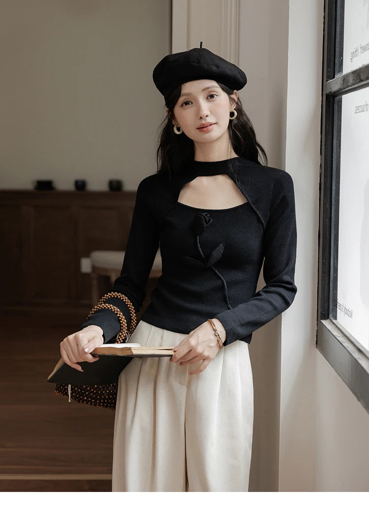 Mishow French Vintage Black Hollow Mock Neck Sweater MXD42Z0731