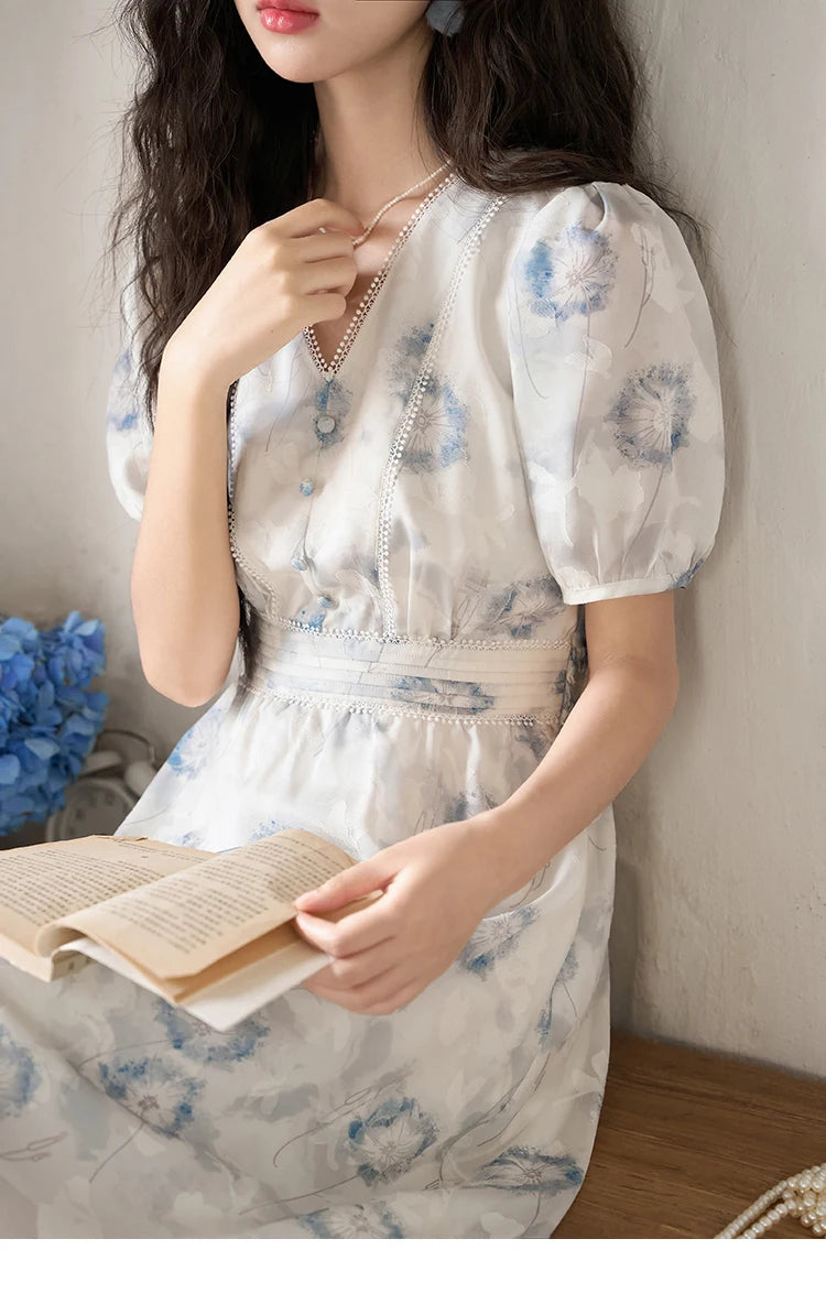 Mishow Taraxacum Print V-Neck Puff Sleeve Dress MXC39L1555