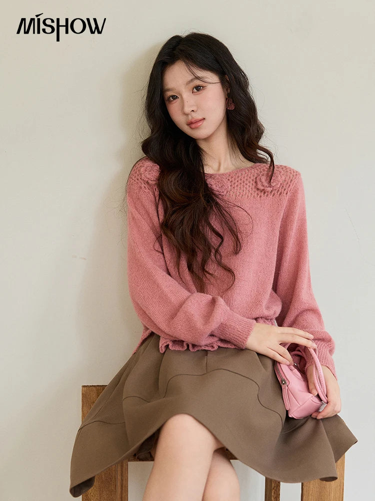 Mishow Pink Hollow Floral Ruffled Hem Sweater MXE94Z2865