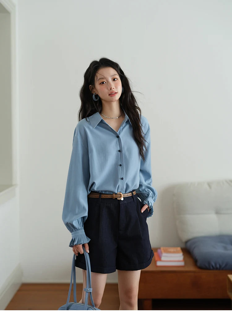 MISHOW Women's Color Block Shirt Pleated Cuffs Lapel Top MXE41C2352